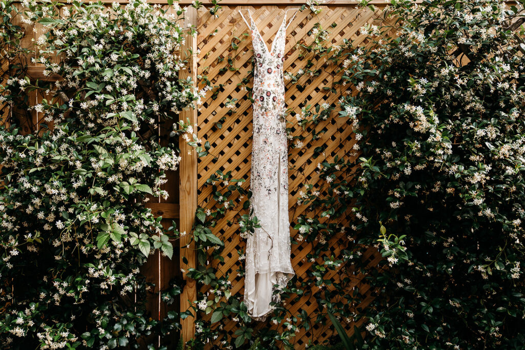 Floral wedding dress blooming with Jasmine at Airbnb in the Marigny Neighborhood of New Orleans