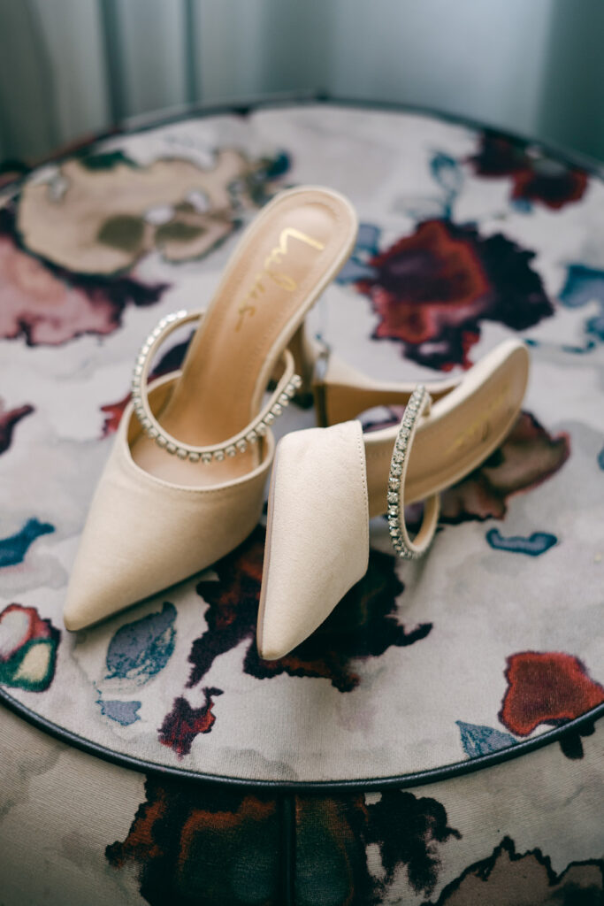 Brides shoes on wedding day at the Eliza Jane Hotel in New Orleans