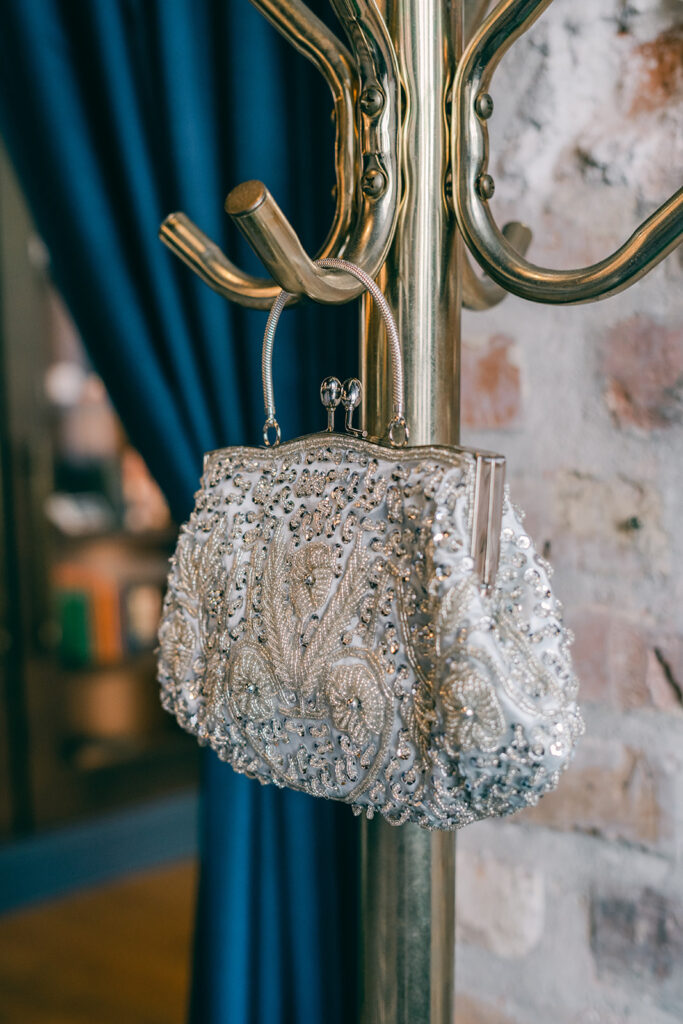 Brides purse on her wedding day at the Eliza Jane Hotel in New Orleans