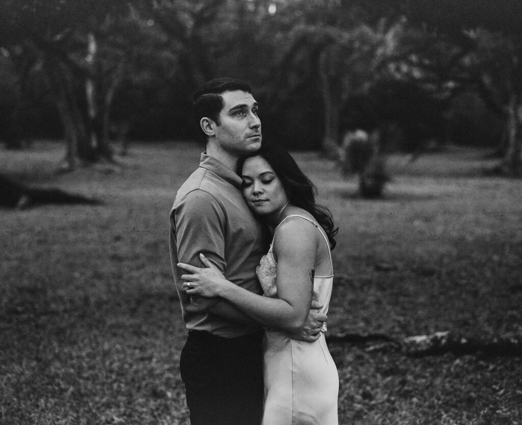 Couple photographed at Avery Island with traditional film photography in black and white.