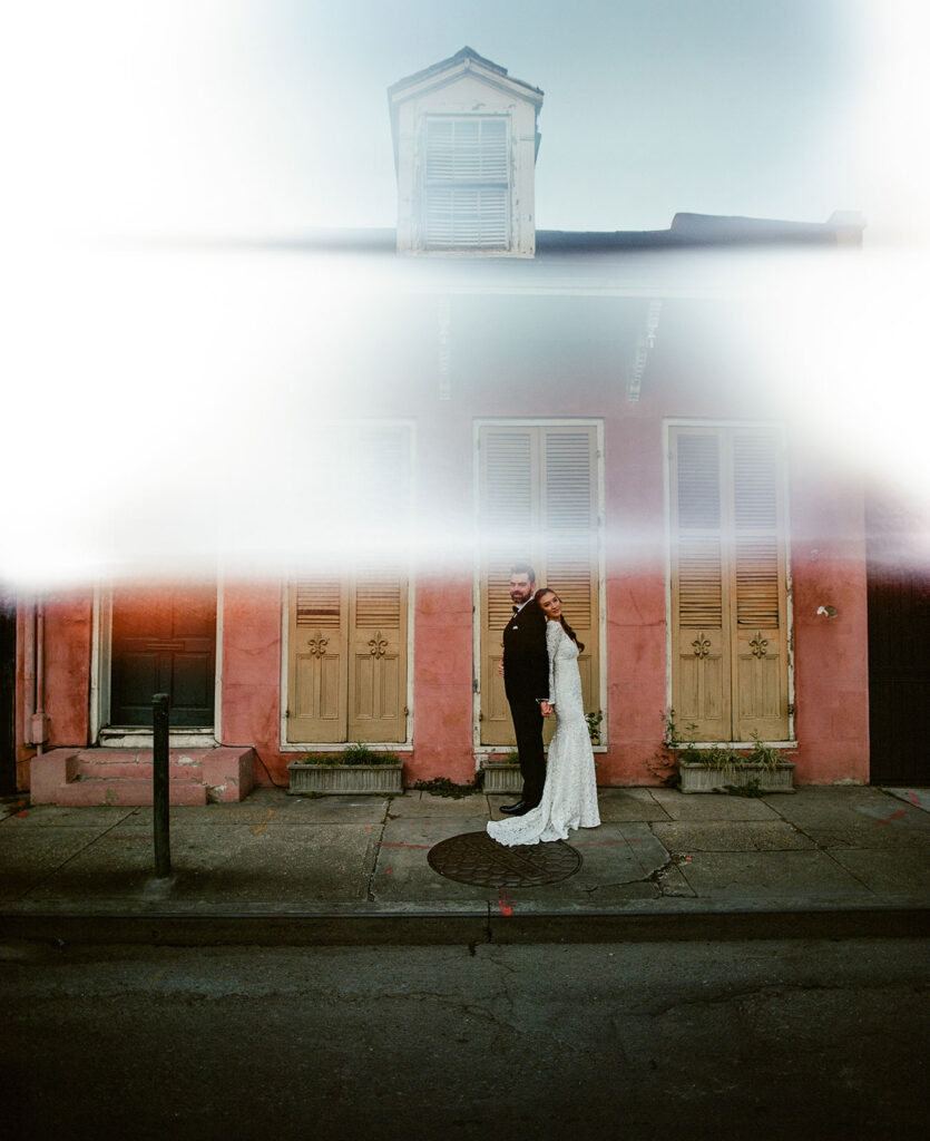 Bride and Groom photographed with film photography showing light leaks.