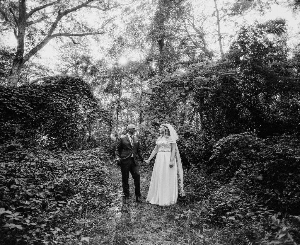 Bride and Groom photographed on their wedding day with black and white film photography.