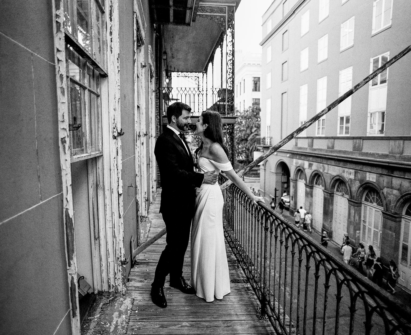 Bride and Groom on Balcony of Pharmacy Museum on their wedding day.