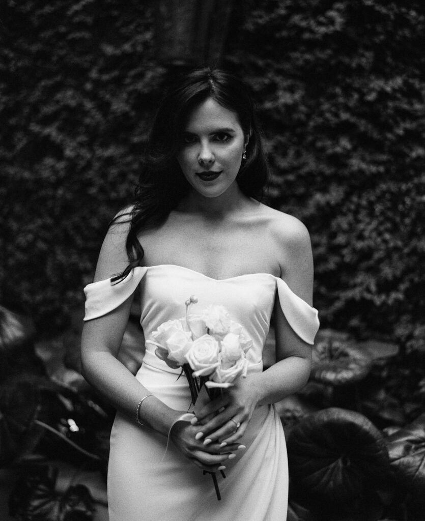 Bride photographed on her wedding day with black and white film photography.